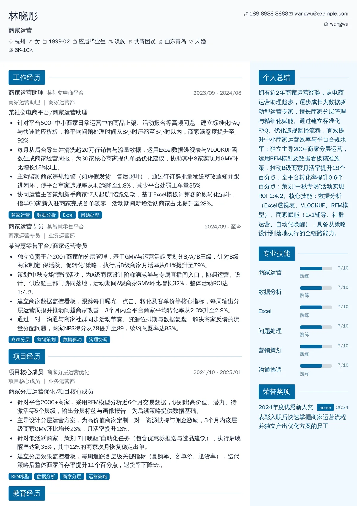 2026年最新初级商家运营简历模板