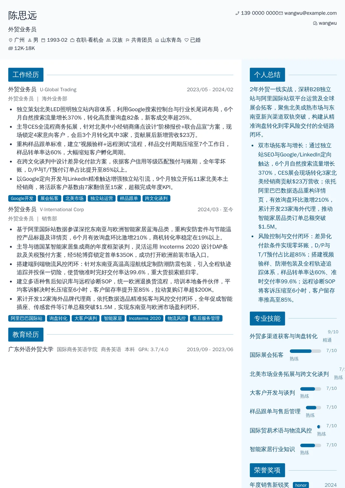 2026年最新外贸业务员简历模板