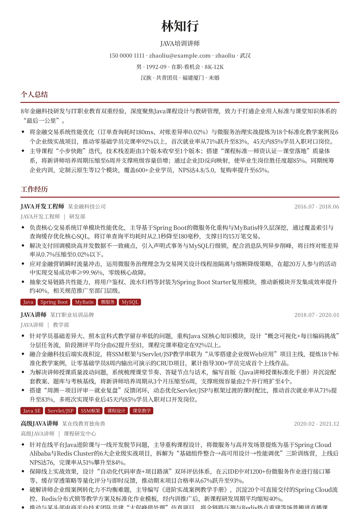 2026年最新JAVA培训讲师简历模板
