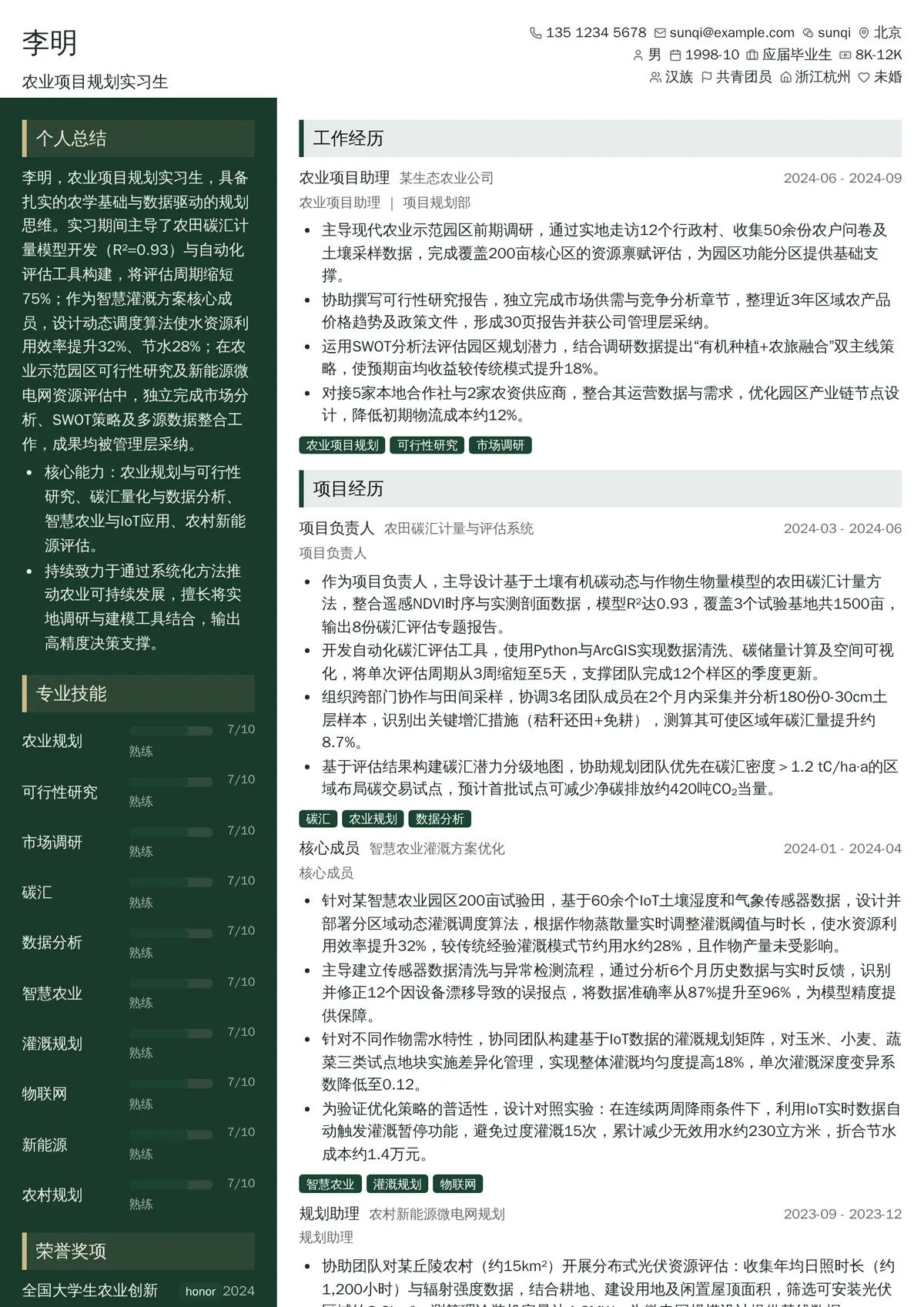 2026年最新农业项目规划实习生简历模板