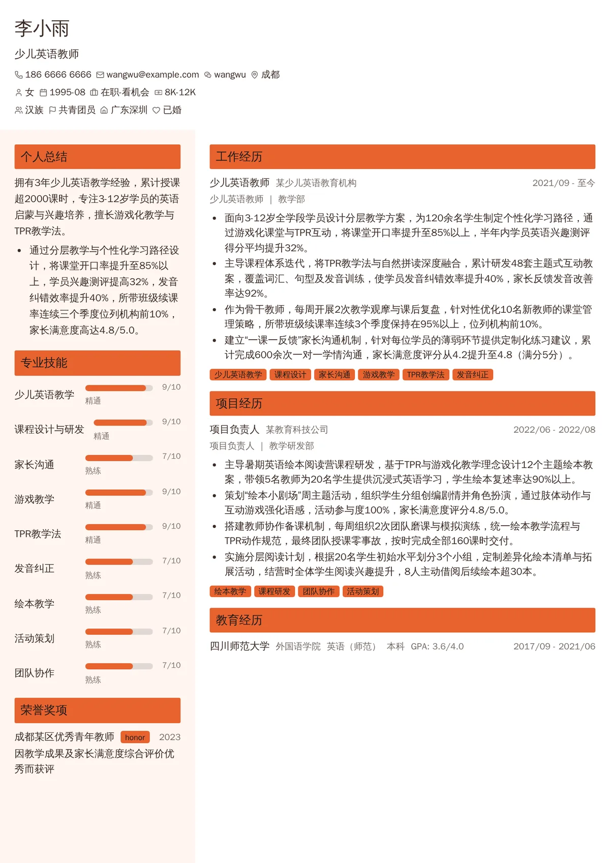 2026年最新少儿英语教师简历模板