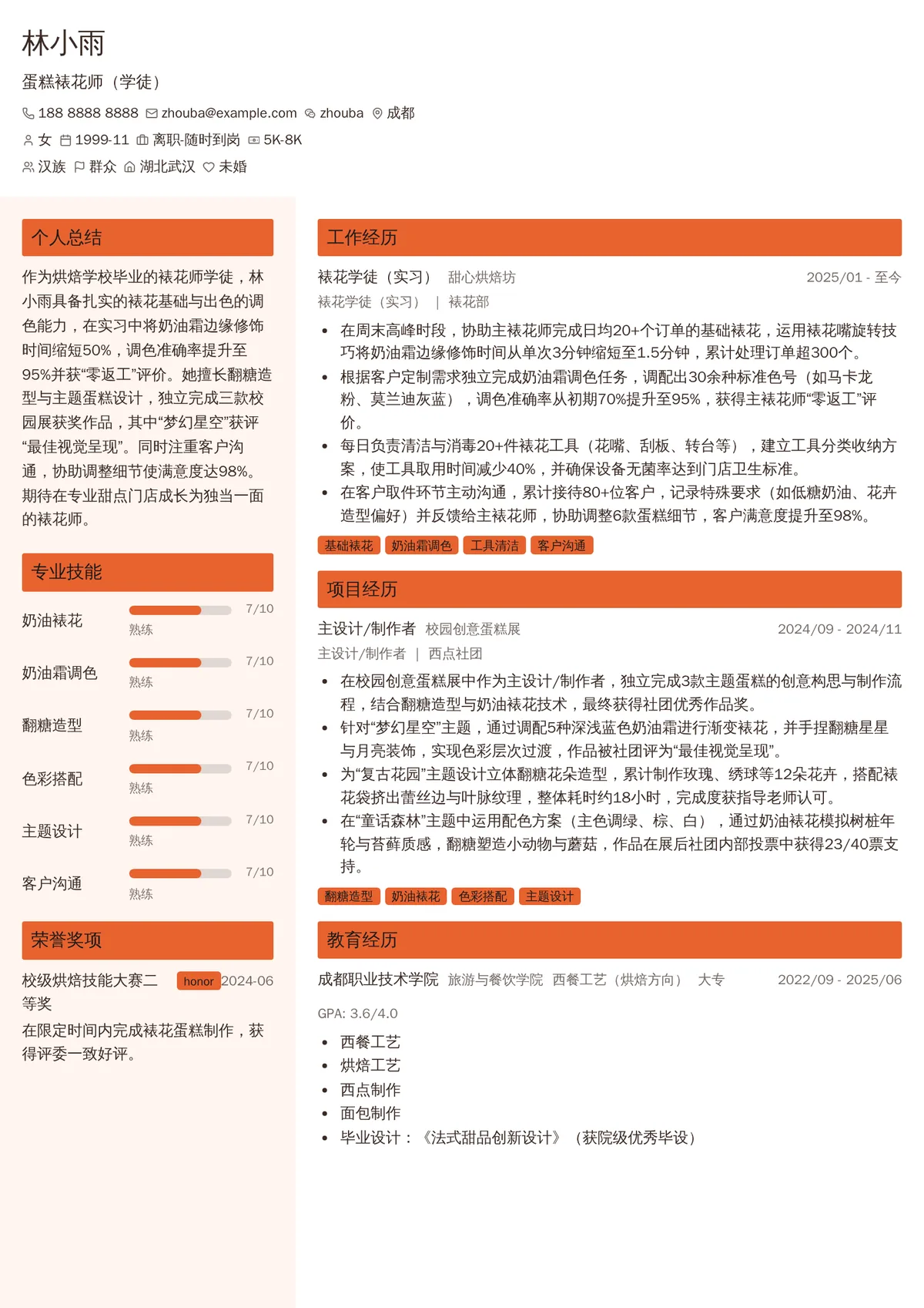 2026年最新蛋糕裱花师（学徒）简历模板