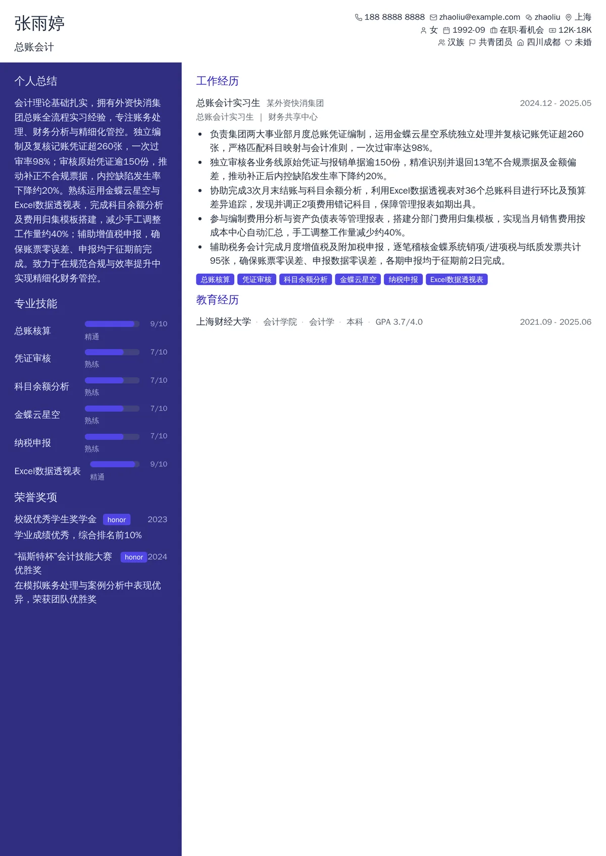 2026年最新总账会计简历模板