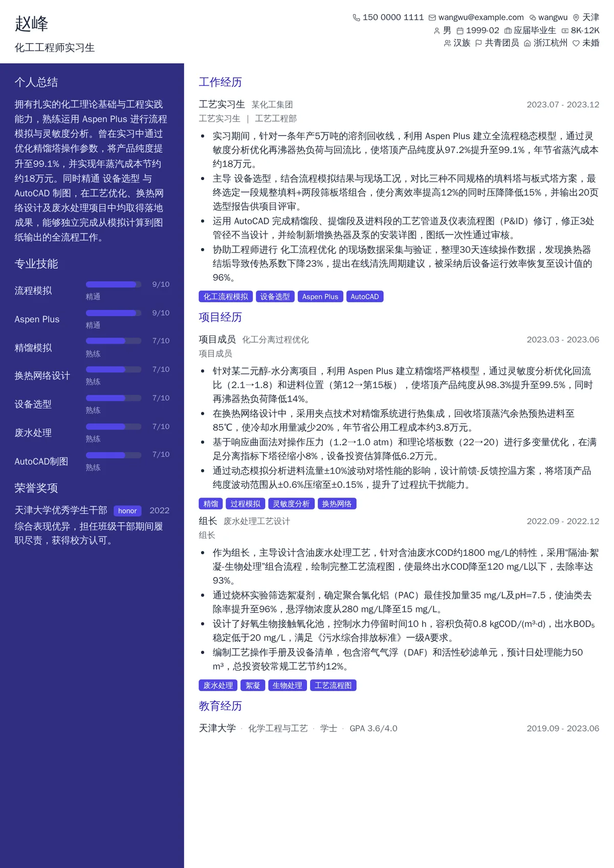 2026年最新化工工程师实习生简历模板