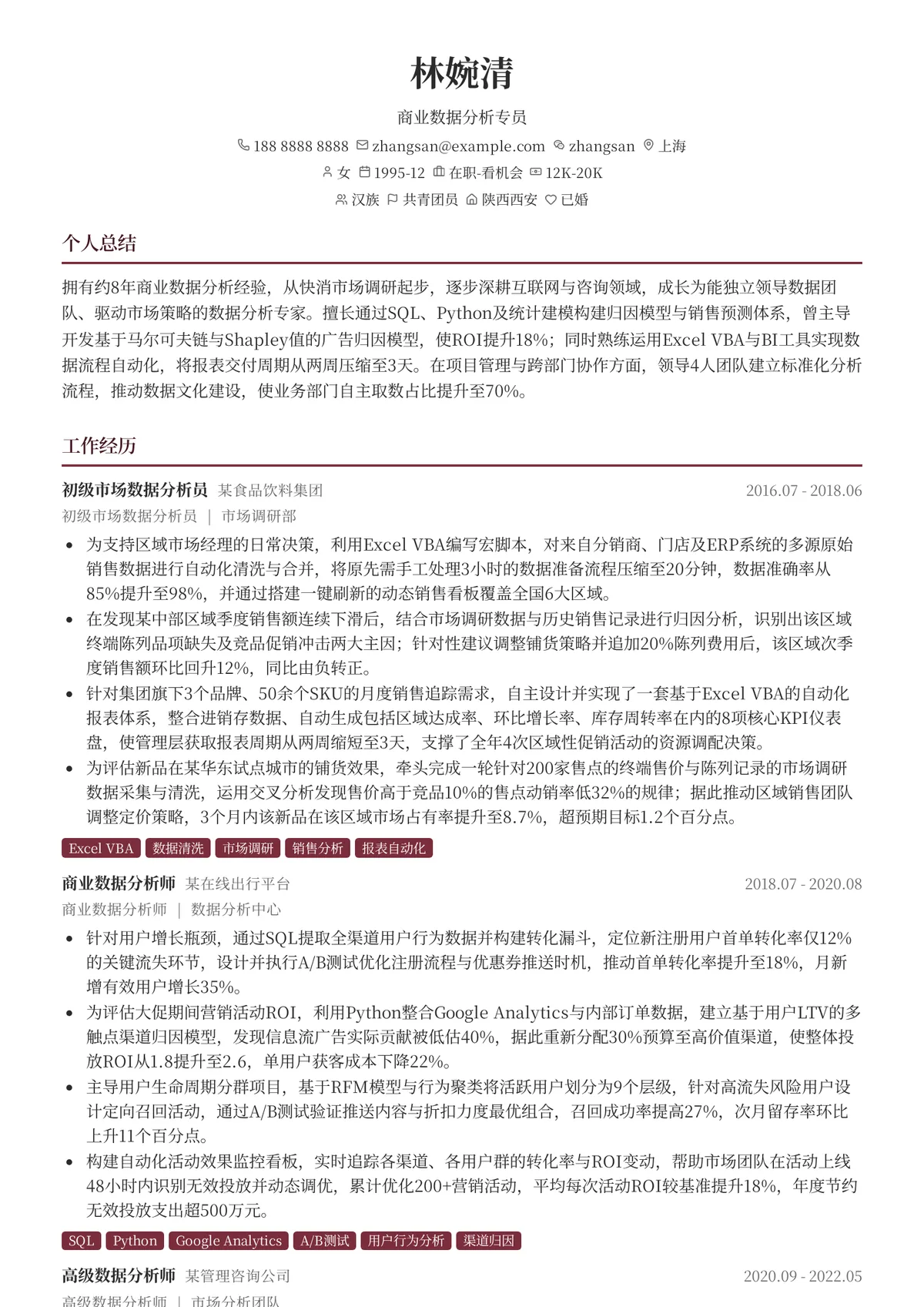 2026年最新商业数据分析专员简历模板